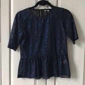Sandro metallic blue short sleeve shirt w peplum